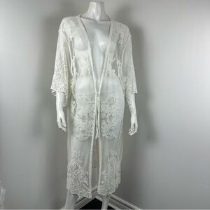 Ivory Sheer Embroidered Lace Kimono Duster 100% Cotton